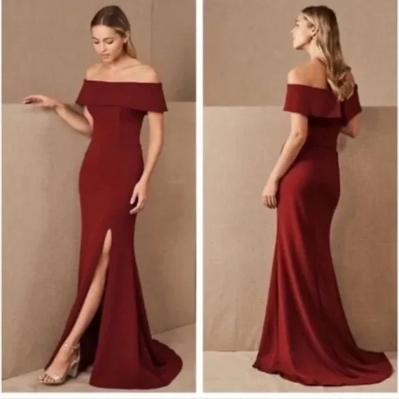 BHLDN Delice Dress - Burgundy Off the Shoulder Dress with Slit - Picture 2 of 6
